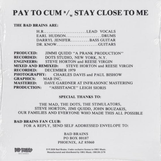 Bad Brains - Pay To Cum (7'', 45RPM)