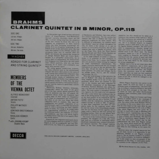 Brahms - Clarinet Quintet & Wagner - Adagio For Clarinet And String Quartet - Members Of The Vienna Octet