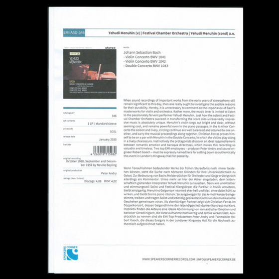Bach, Yehudi Menuhin, Christian Ferras, Festival Chamber Orchestra, Robert Masters Chamber Orchestra – Violin Concertos(Test Pressing) - Audiophile