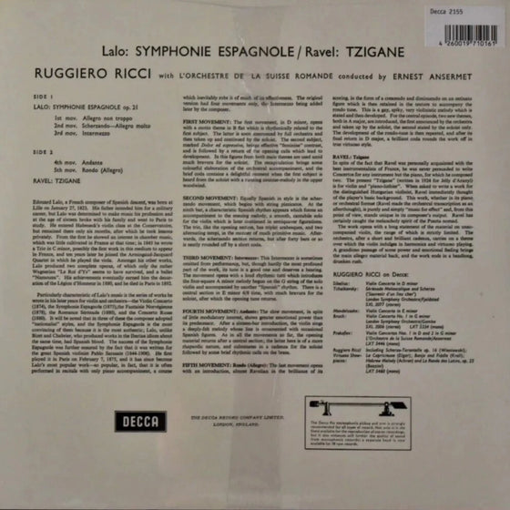 Lalo – Symphonie Espagnole & Ravel – Tzigane - Ruggiero Ricci, Ernest Ansermet, Orchestre De La Suisse Romande