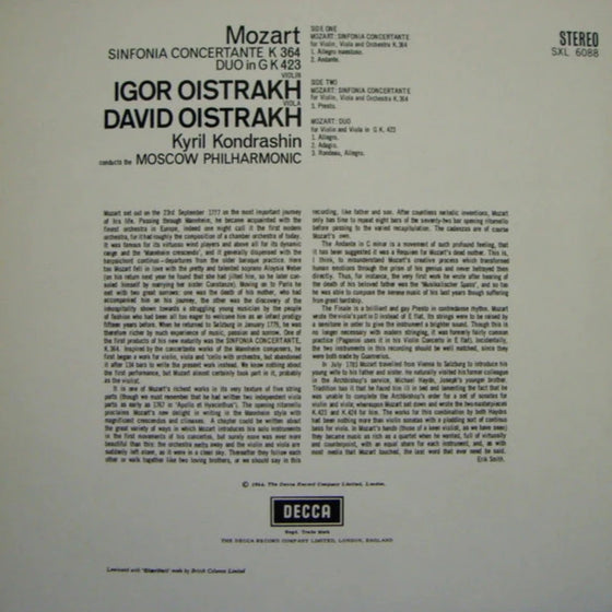 Mozart - Sinfonia Concertante K.364 & Duo In G K.423 - Igor Oistrakh, David Oistrakh,Kyril Kondrashin, Moscow Philharmonic