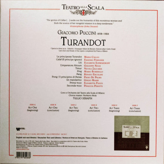 Puccini – Turandot - Maria Callas, Eugenio Fernandi, Elisabeth Schwarzkopf, Tullio Seraphin, Orchestra del Teatro alla Scala di Milano (3LP, Mono, Box set)