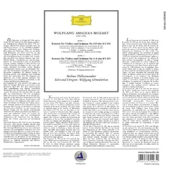 Wolfgang Amadeus Mozart - Berliner Philharmoniker Solist Und Dirigent: Wolfgang Schneiderhan – Violinkonzerte: Nr. 4 D-dur Kv 218 / Nr. 5 A-dur Kv 219 - RARITY - Audiophile