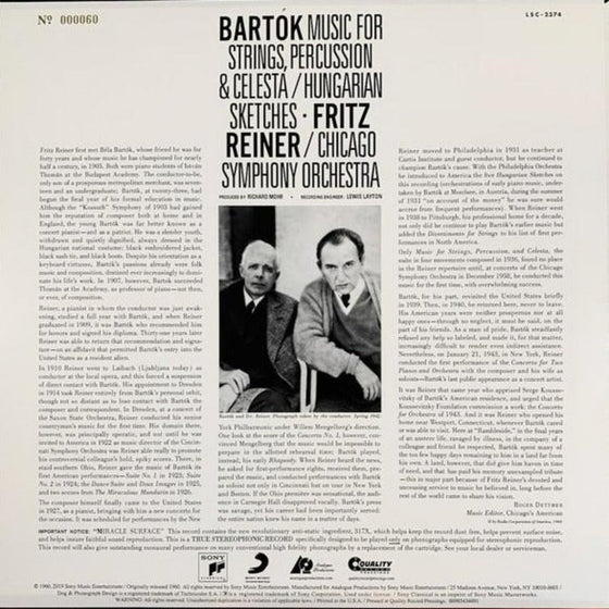 <tc>Bartok - Music For Strings, Percussion and Celesta - Hungarian Sketches - Fritz Reiner - Chicago Symphony Orchestra (Edition limitée numérotée - Numéro 140)</tc>