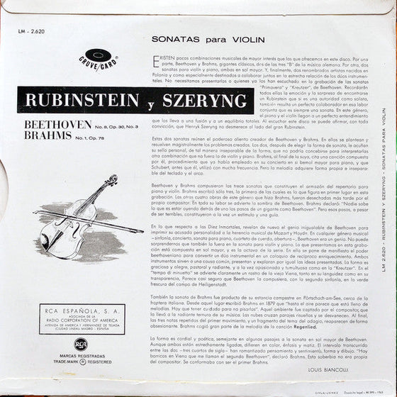 Beethoven - Sonatas No. 8 - Brahms - Sonatas No. 1 - Rubinstein and Szeryng (Limited numbered edition - Number 140)