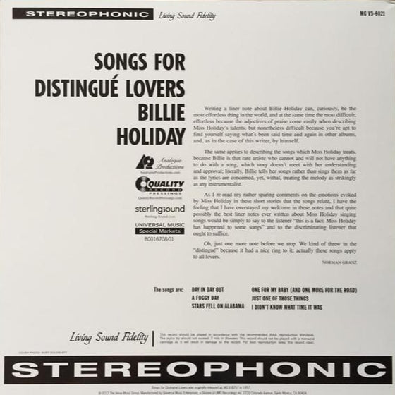 <transcy>Billie Holiday - Songs For Distingue Lovers (2LP, 45 tours)</transcy>