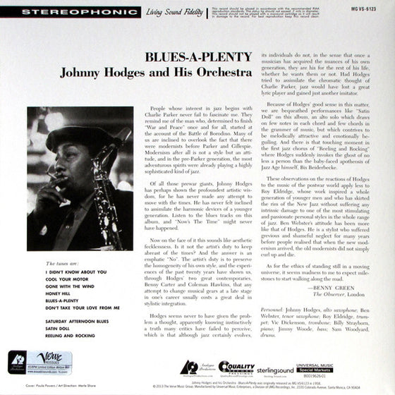 <transcy>Johnny Hodges - Blues A Plenty (2LP, Mono, 45 tours, 200g)</transcy>