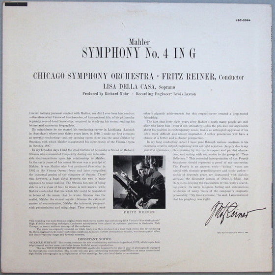 <tc>Mahler - Symphonie N° 4 - Lisa Della Casa & Fritz Reiner - Orchestre symphonique de Chicago (Edition limitée numérotée - Numéro 140)</tc>