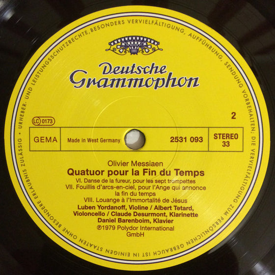 Olivier Messiaen – Quatuor Pour La Fin Du Temps - Daniel Barenboim, Albert Tetard, Claude Desurmont, Luben Yordanoff