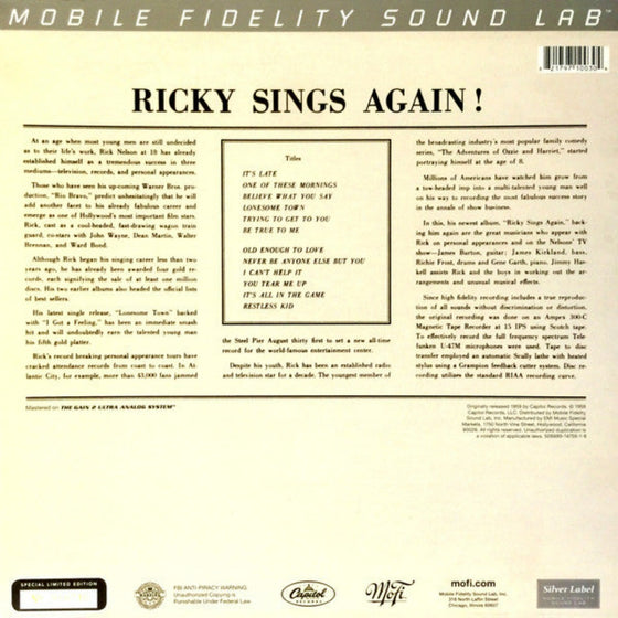 Ricky Nelson – Ricky Sings Again (Stereo & Mono, MOFI Silver Label, Ultra Analog)