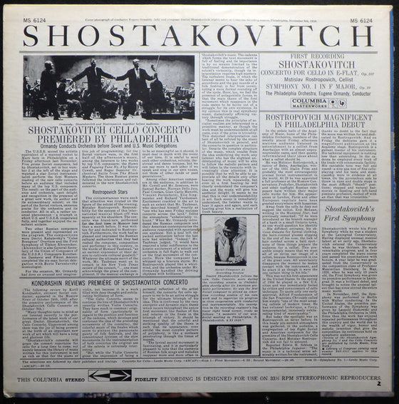 Shostakovich -  Cello Concerto No. 1, Symphony No. 1 – Mstislav Rostropovich and the Philadelphia Orchestra conducted by Eugene Ormandy