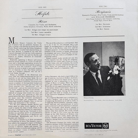 Rózsa : Concerto For Violin And Orchestra - Benjamin : Romantic Fantasy - Jascha Heifetz (200g) - AudioSoundMusic